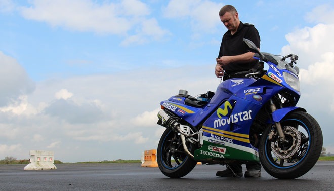 Shaun McKeown setting the VBOX up on a motorcycle to gain acceleration parameters Shaun McKeown setting the VBOX up on a motorcycle to gain acceleration parameters